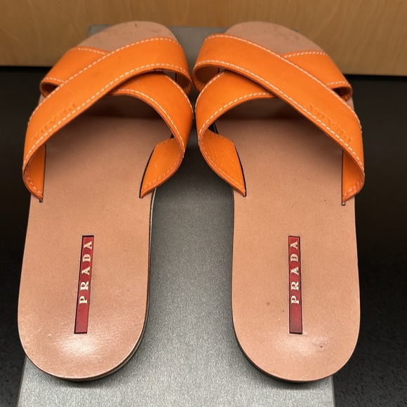 PRADA ORANGE LEATHER SLIDE SANDALS - SIZE 7.5 - Picture 4 of 7